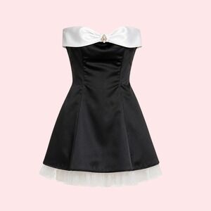 Deadstock Vintage Y2K Blondie Nites Mini Dress Black White Bow Tulle Strapless 2